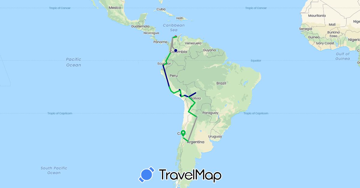 TravelMap itinerary: driving, bus, plane, hiking in Argentina, Bolivia, Chile, Colombia, Ecuador, Peru (South America)