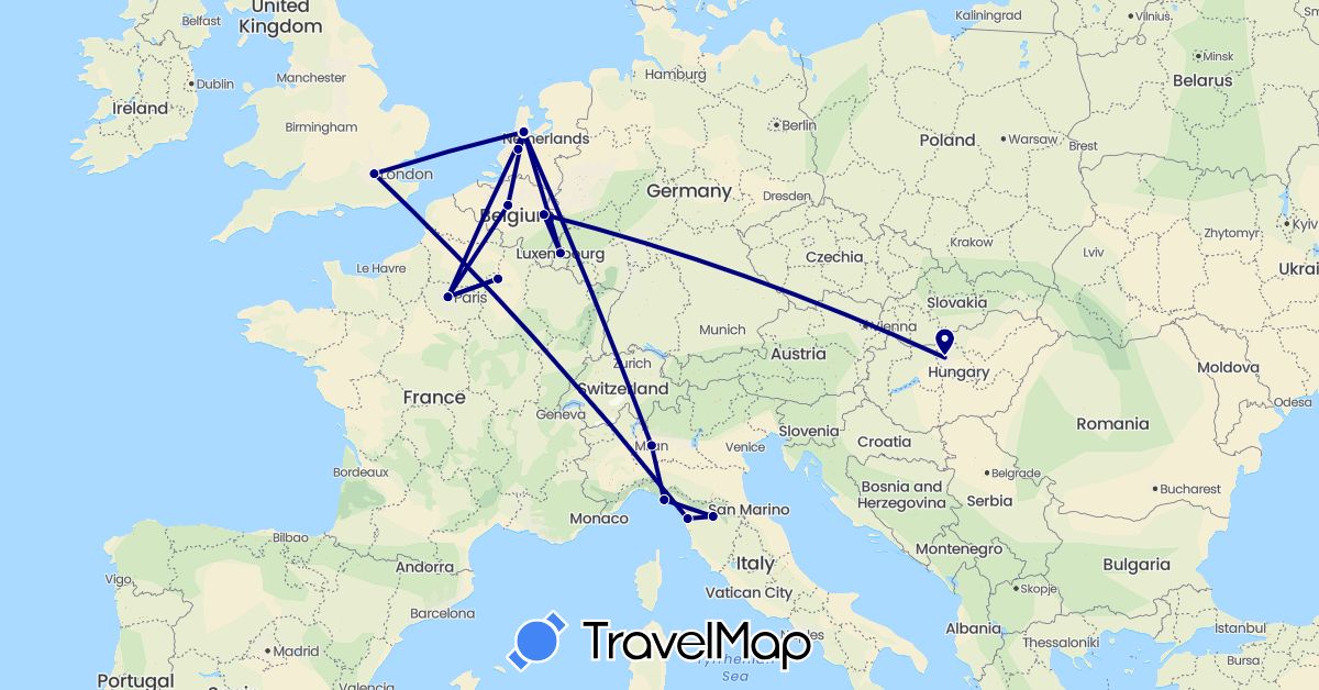 TravelMap itinerary: driving in Belgium, France, United Kingdom, Hungary, Italy, Luxembourg, Netherlands (Europe)